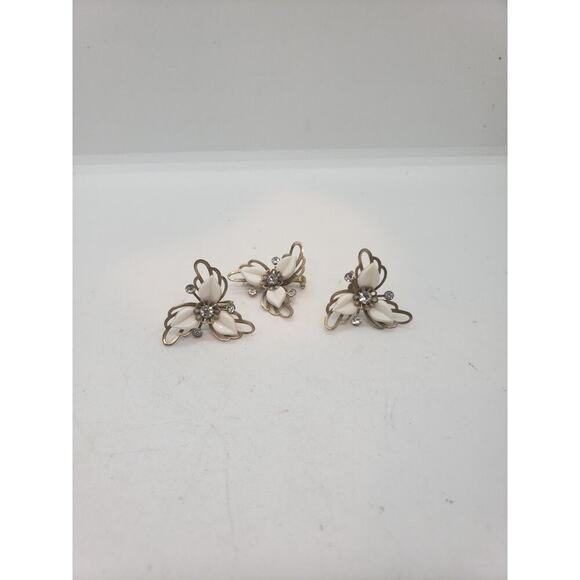 Vintage Floral Thermoset Rhinestone Brooch & Clip On Earrings Set 1950s - Picture 10 of 14